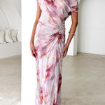 Asymmetric One Shoulder Ruched Waist Print Maxi Dress
