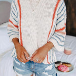 Margovil Striped Color Block 3/4 Sleeve Pullover Sweater