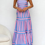 Margovil Spaghetti Strap Ruffle Tiered Color Block Striped Maxi Dress