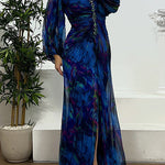 Margovil Off Shoulder Lantern Long Sleeves Printed Slit Pleated Maxi Dress