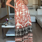 Criss Cross Halter Open Back Printed Maxi Vacation Dress