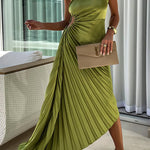 Margovil 3D Rose One Shoulder Cut Out Waist Asymmetric Hem Pleated Maxi Dress