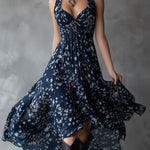 Retro Classic Floral Print Navy Blue Chiffon Sleeveless Maxi Dress