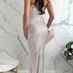 Margovil Spaghetti Strap V Neck High Slit Sequin Maxi Party Dress