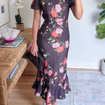 Crewneck Short Sleeves Floral Print Ruffle Hem Midi Dress