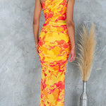 One Shoulder Ruched Sleeveless Printed Bodycon Maxi Dress