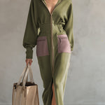 Elegant Olive Green Hooded Narrow Waist Zip-up Sweatshirt Long Sleeve Maxi Dress