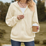 V-Neck Zipper Closure Solid Color Long Loose Hoodie Jacket