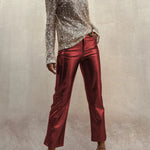 Sinclair Metallic Faux Leather High Rise Pocketed Straight Pants