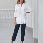 Nadorine Lace Crochet V Neck Half Sleeve Embroidery Button Down Blouses Casual Shirts