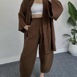 Nadorine Women's Casual Loungewear Set Solid Color Loose Long Sleeve Kimono Cardigan and Pants