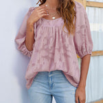 Nadorine Quare Neck Babydoll Tops 3/4 Puff Sleeve Lace Blouse Summer Floral Textured Shirts