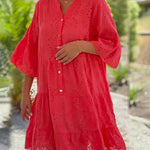 V-Neck 3/4 Sleeve Loose Embroidered Hollow Out Plus Size Blouse Dress