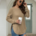 Nadorine Crew Neck Long Sleeve Slit Pullover Knit Sweater