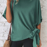 Solid Color Batwing Sleeve Hem Knotted Loose T Top