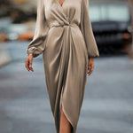 Loose Puff Sleeves Pleated Solid Color Split-Joint V-neck Midi Dresses
