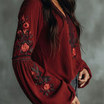 Vintage Red Embroidered Lantern Sleeve Boho Blouse