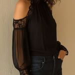 Elegant High Neck Black Chiffon Lace Cold-Shoulder Blouse
