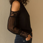 Elegant High Neck Black Chiffon Lace Cold-Shoulder Blouse