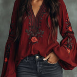 Vintage Red Embroidered Lantern Sleeve Boho Blouse