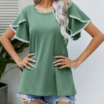 Pom-Pom Trim Flutter Sleeve Round Neck Tee Casual Blouses Tops