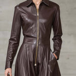 Exquisite Temperament Front Zipper Long Sleeve High-quality Brown Leather Maxi Dress