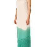 Vibrant Ombré Print Ruched One Shoulder Tassle Trim Vacation Maxi Dress
