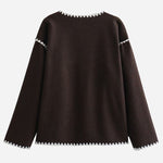 Nadorine Buttoned Crew Neck Loose Color Block Knitted Jacket