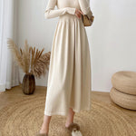 Long-Sleeve High Neck Plain Ribbed Midi A-Line Knit Dress