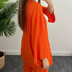 Two-Piece Set Long Sleeve Shirt Solid Color Pleated Elastic Waist Long Pants