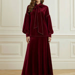 Long Sleeves Puff Sleeves Bow-Embellished Pleated Solid Color Split-Joint Tied Half Turtleneck Blouses&Shirts Tops