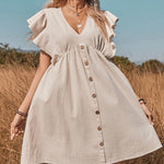 V Neck Loose Spring Summer Ruffle Trimed Button Smock Sleeveless Mini Vest Dress