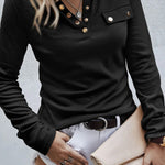 Ribbed Snap Button Henley Long Sleeve Top