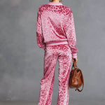 Casual Sporty Retro Pink Velvet Leopard Print Sweatshirt And Wide-Leg Pants Set