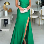 Ermia Satin Twist Ruched One Shoulder Cutout Detail Slit Maxi Dress