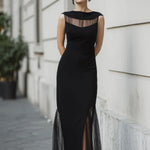 Elegant Sleeveless Mermaid Midi Dress With Sheer Mesh Illumination And Pleated Hem