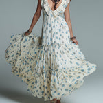 Bohemian Floral Print Pleated Maxi Dress With Ruffles