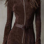 Vintage Brown Zipper Belted Maxi Dress