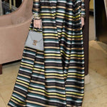 Long Sleeves Loose Multi-Colored Pleated Striped High Neck Maxi Dresses