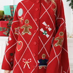Argyle Candy Gingerbread Man Embroidered Button-knit Cardigan