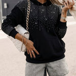 Women's Rhinestone Drawstring Hooded Sweatshirt Casual Sparkly Loose Fit Pullover