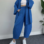 Nadorine Women's Casual Loungewear Set Solid Color Loose Long Sleeve Kimono Cardigan and Pants