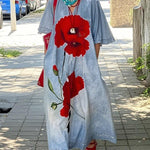 Half Sleeves Loose Flower Print V-Neck Maxi Dresses