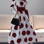 A-Line Long Sleeves Pockets Polka-Dot Tied Waist Notched Collar Maxi Dresses