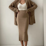 Two Piece Outfit Sweater Set Knitted Cardigan Loose High Waist Long Skirts