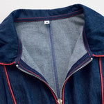 Casual Loose Retro Red Topstitched Denim Wide Leg Long Sleeve Jumpsuit