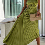 Margovil 3D Rose One Shoulder Cut Out Waist Asymmetric Hem Pleated Maxi Dress