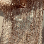 Margovil Tassel Sequin Round Neck Long Sleeves Top and Shorts Set