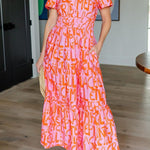 Margovil V Neck Smocked Waist Abstract Print Maxi Swing Dress