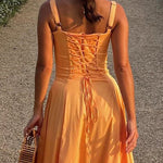 Margovil Drawstring Neck Slit Bustier Midi Cami Dress